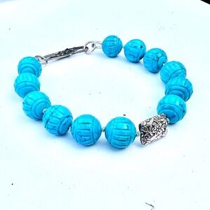 Natural Carved Turquoise Bracelet Handmade Sterling Silver 11th Anniversary